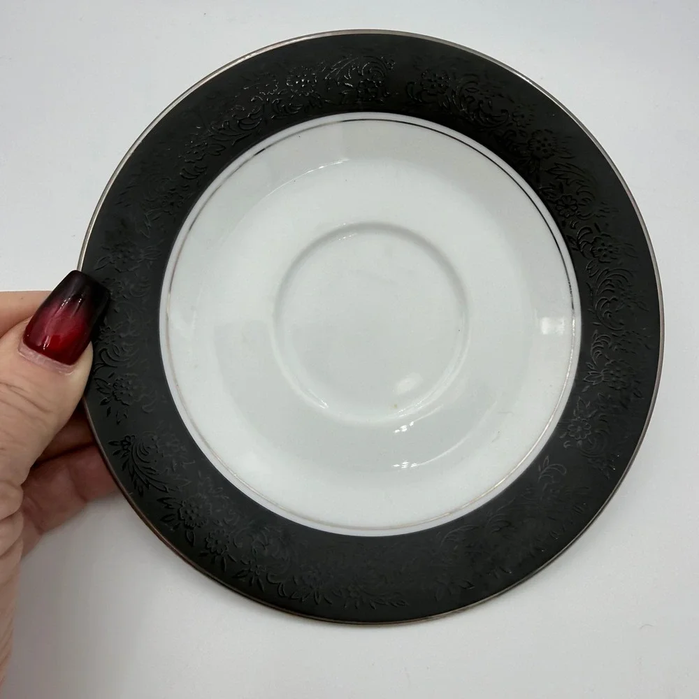 Noritake Mirano 6878 Saucer Set Black Floral Japan Vintage 6